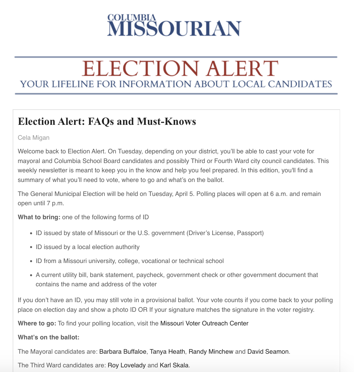 Screenshot of an email newsletter containing FAQs about the upcoming election with the title 'Election Alert: FAQs and must-knows'